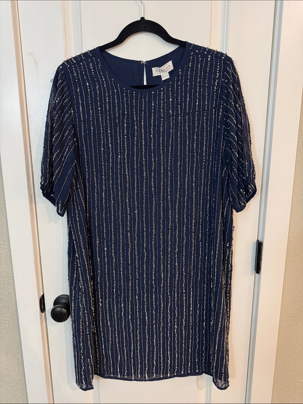 NWT Velvet Navy Blue Mini Dress with Silver Beaded Stripes